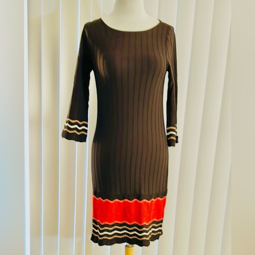 Nine West Truffle Brown, Red, Orange Striped Ribbed 3/4 Bell Sleeve Dress.